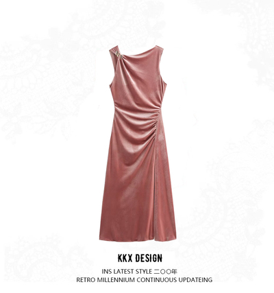 Fashionable Slant Neck Velvet Waist Pleated Solid Color Sleeveless Dress
