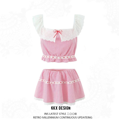 One-shoulder collar, cuffed contrast color sleeveless vest, elastic waist, sweet striped skirt suit