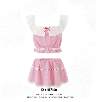 One-shoulder collar, cuffed contrast color sleeveless vest, elastic waist, sweet striped skirt suit