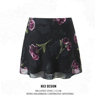 Retro high waist skirt sexy flower print lining hip skirt