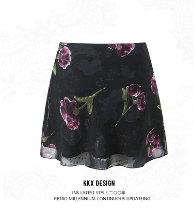 Retro high waist skirt sexy flower print lining hip skirt