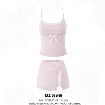 Lace stitching bow camisole design side stripes anti-exposure skirt suit