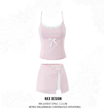 Lace stitching bow camisole design side stripes anti-exposure skirt suit
