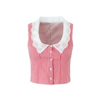Square neck lace sleeveless short belly-exposing vest top for women with niche low waist plaid skirt - Thumbnail 4