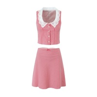 Square neck lace sleeveless short belly-exposing vest top for women with niche low waist plaid skirt - Thumbnail 5