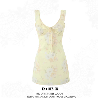 French retro small fresh print suspender dress