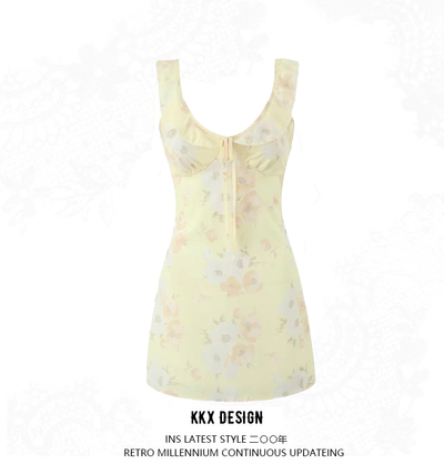 French retro small fresh print suspender dress