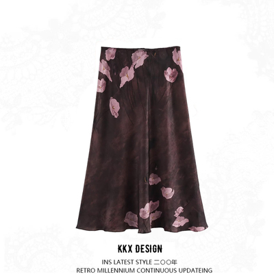 Temperamental and fashionable satin texture printed skirt