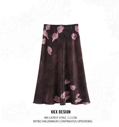 Temperamental and fashionable satin texture printed skirt