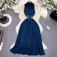 Retro lapel hollowed out denim dress - Thumbnail 3