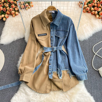  Fashion Women Denim Patchwork Lapel Dress irregular mid length shirt - Thumbnail 4