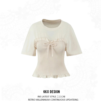 Retro round neck bat sleeve ruffled short sleeve t-shirt