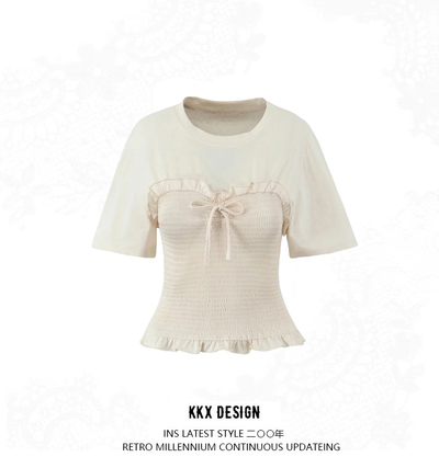 Retro round neck bat sleeve ruffled short sleeve T-shirt