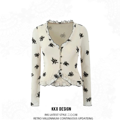 V-neck floral ruffle single-breasted cardigan