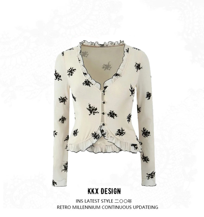 V-neck floral ruffle single-breasted cardigan