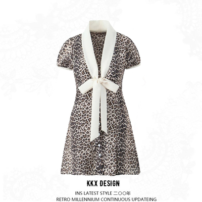 Retro deep v neck bow short sleeve dress