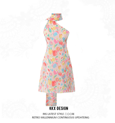 Tulip oil print personalized off-shoulder dress