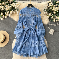 new stand up collar hollow single breasted dress lace up hollow lace skirt - Thumbnail 4