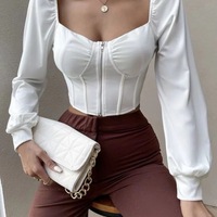 Women Girl Retro Zipper Open Collar Bubble Long Sleeve Shirt - Thumbnail 1