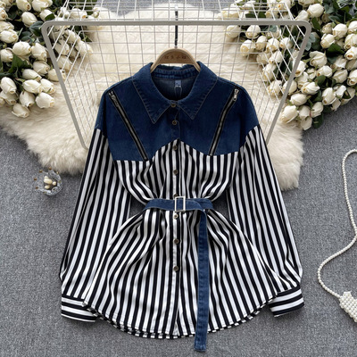 Fashion women girls demin contrast color splicing long sleeve shirt 