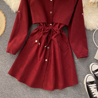 Autumn New Women's Dress POLO Collar Strap Waist Short A-line Skirt - Thumbnail 7
