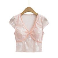 Romantic Butterfly Lace V-neck Short Sleeve T-shirt - Thumbnail 5