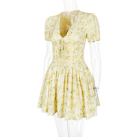 Deep V short-sleeved floral summer French dress Sweet and spicy style fashionable puffy skirt - Thumbnail 3