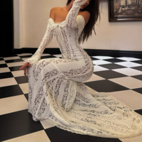 Long-sleeved lace one-shoulder fishtail floor-length dress white dress - Thumbnail 5
