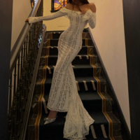Long-sleeved lace one-shoulder fishtail floor-length dress white dress - Thumbnail 2