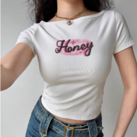 Women's white straight shoulder T-shirt high waist slim short sleeve top - Thumbnail 1