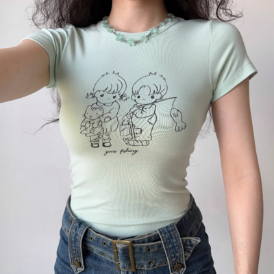 Stick figure print straight shoulder t-shirt - Thumbnail 5