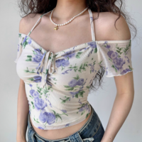 Flower mesh v-neck short-sleeved T-shirt - Thumbnail 1