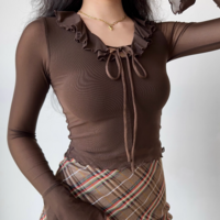 Ruffled Tie-Tie Mesh Long Sleeve T-Shirt - Thumbnail 1