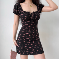 Retro hollow tie square neck floral dress - Thumbnail 1