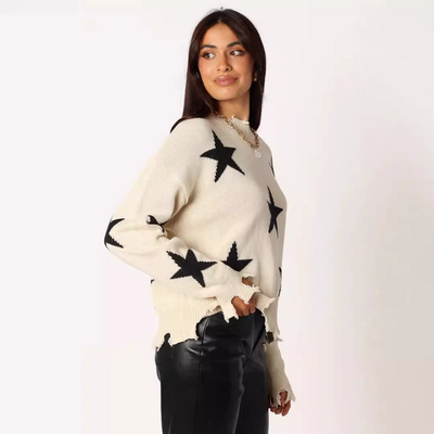 Star jacquard pattern round neck long sleeve loose sweater knit sweater