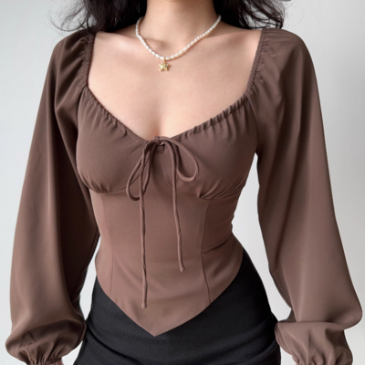 Retro waist lantern sleeve long sleeve shirt