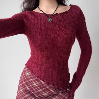 Retro red knitted sweater for women with irregular hem and slim fit bottoming top - Thumbnail 3