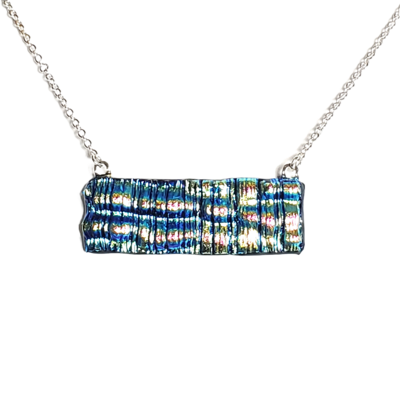 Dichroic blue green wavy fused glass bar necklace