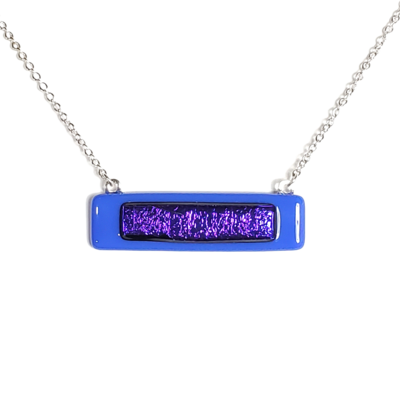 Dichroic purple on blue fused glass bar necklace