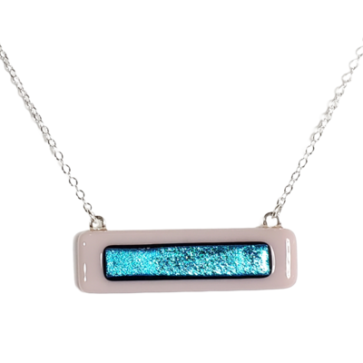 Bright blue dichroic on lavender purple fused glass bar necklace