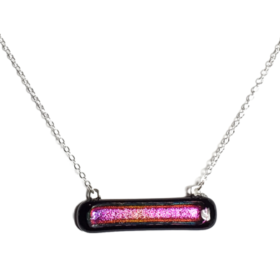 Dichroic pink on thin black fused glass bar necklace