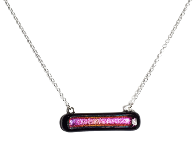 Dichroic Pink on Thin Black Fused Glass Bar Necklace