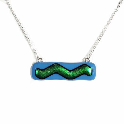 Dichroic green wave on blue fused glass bar necklace