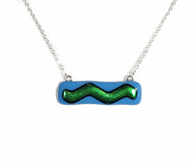 Dichroic Green Wave on Blue Fused Glass Bar Necklace