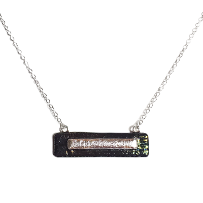 Dichroic silver on black striped metallic black fused glass bar necklace