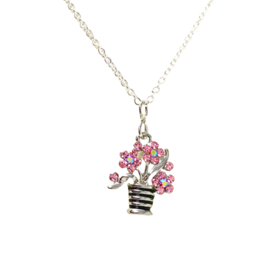 Pink flowers rhinestone pendant necklace
