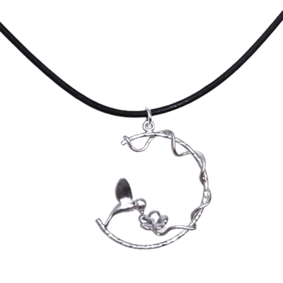 Hummingbird and vine necklace on leather cord