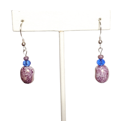 Marbled purple bead and blue crystal earrings