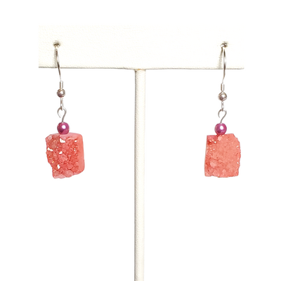 Pink druzy and purple beaded earrings