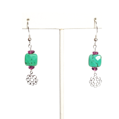 Green variscite, amethyst, and flower charm earrings